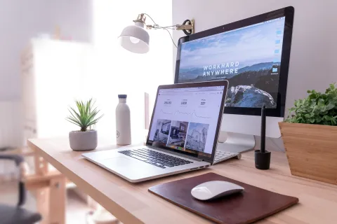 Modern workspace mit Laptop und Monitor auf Holzschreibtisch, Pflanzen und nat&uuml;rliches Licht